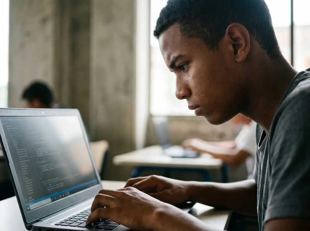 Imagen ilustrativa de un joven programando en su computador