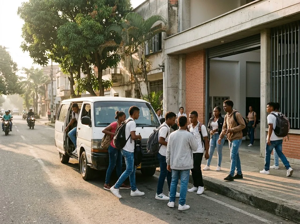 Imagen ilustrativa de jóvenes llegando en transporte