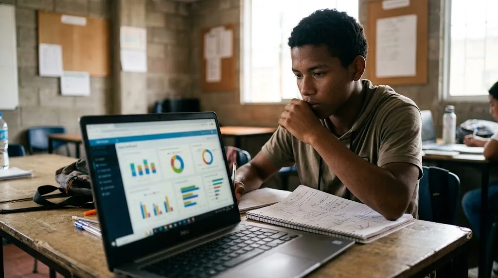 Imagen ilustrativa de un joven revisando gráficas de datos en su portátil