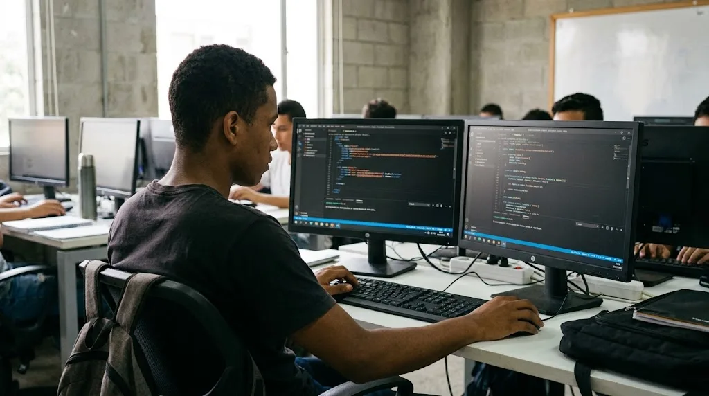 Imagen ilustrativa de un joven escribiendo código en un computador