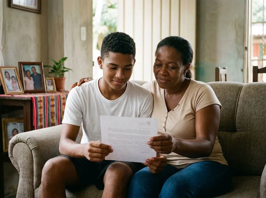 Imagen ilustrativa de una madre y su hijo leyendo una carta